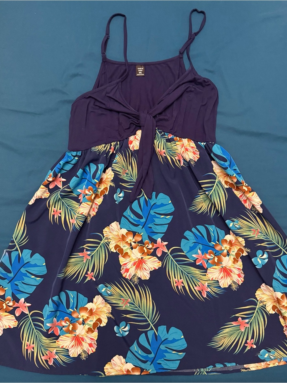 SHEIN Navy Floral Tropical Tie-Front Sundress
